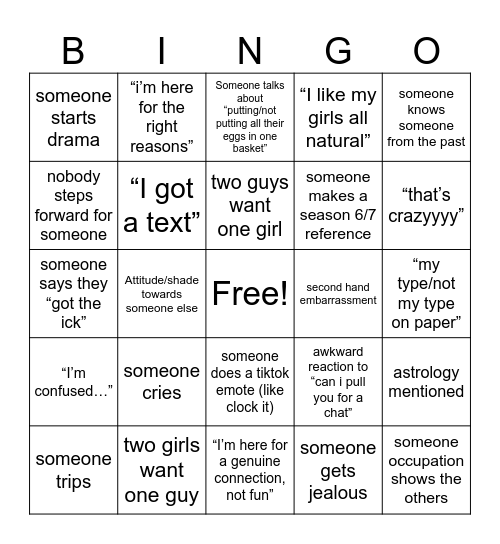 Love Island Bingo Card