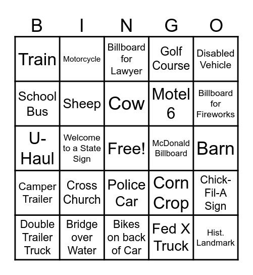 Travel Card Bingo Card
