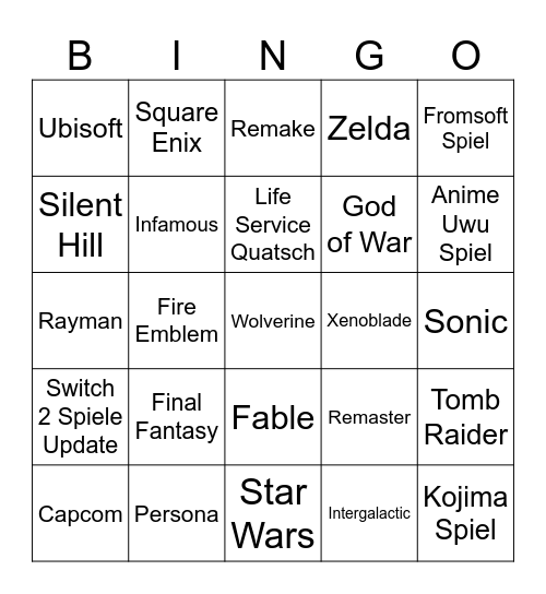 Summer Spiele Festival (Sony, Microsoft, Hauptstream Nintendo Bingo Card