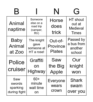 Toronto Trip Bingo Card