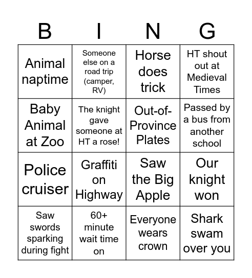 Toronto Trip Bingo Card