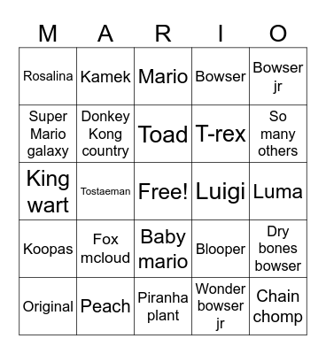 Super Mario galaxy Bingo Card