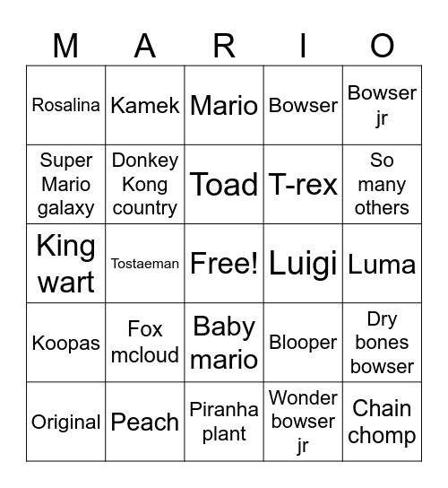 Super Mario galaxy Bingo Card