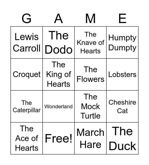 Alice in Wonderland! Bingo Card