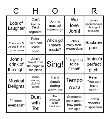 Choir Rehearsal Bingo Card