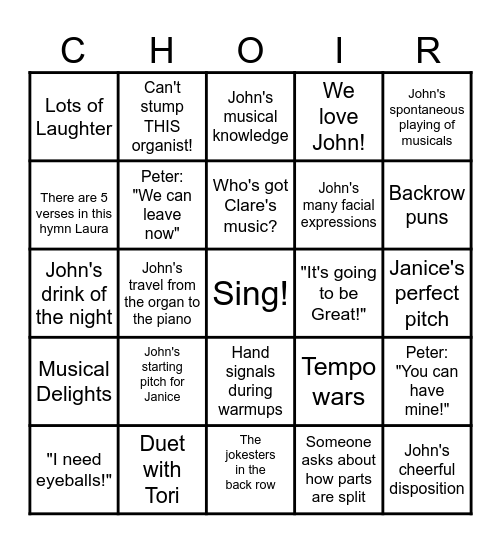 Choir Rehearsal Bingo Card
