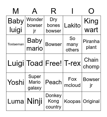 Super Mario galaxy Bingo Card
