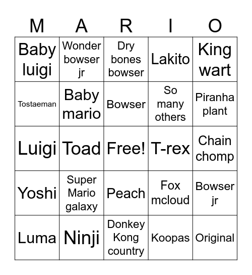Super Mario galaxy Bingo Card