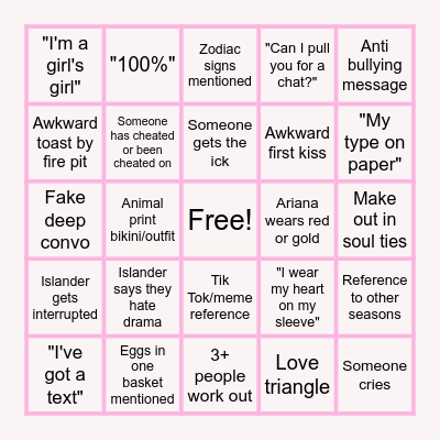 Love Island Bingo Card