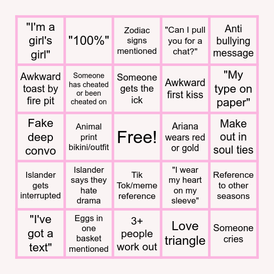 Love Island Bingo Card