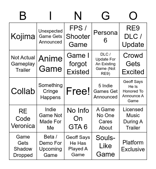 SGF And Xbox Showcase Bingo Card