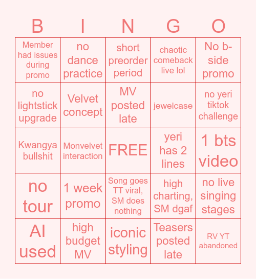 Red Velvet 2026 Comeback Bingo Card