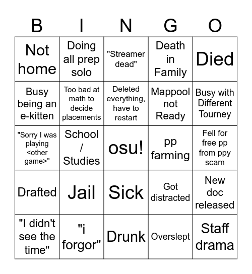 HOST EXCUSES Bingo Card