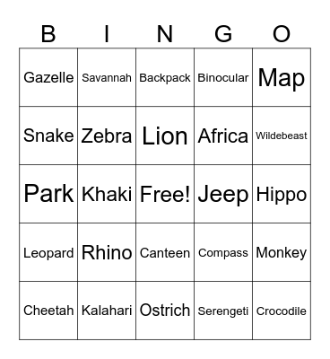 Safari Bingo Card