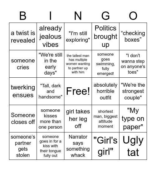 Season 8 Love Island Bingo Card