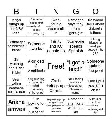 Love Island Season 8 Premiere Bingo Card