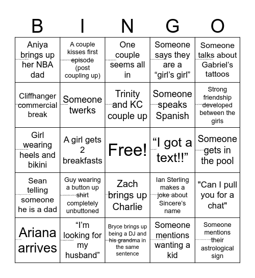Love Island Season 8 Premiere Bingo Card