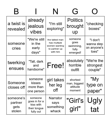 Season 8 Love Island Bingo Card