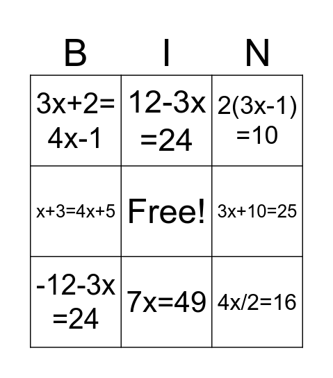 Enzo Algebra bingo Card