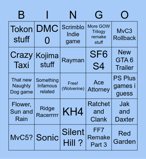 State of Play Bingo Card