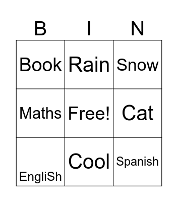 English bingo Card