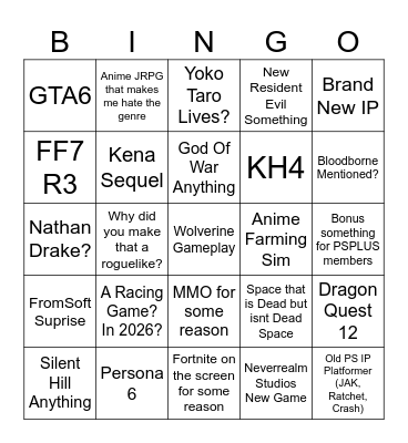 SGF Sony SOP 2026 Bingo Card