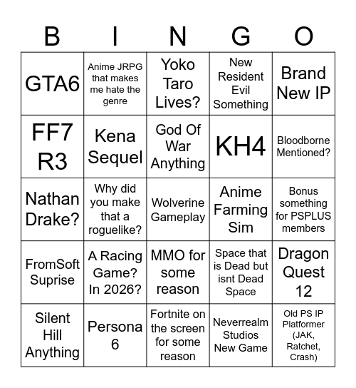 SGF Sony SOP 2026 Bingo Card
