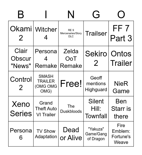 GAMING Bingo Card