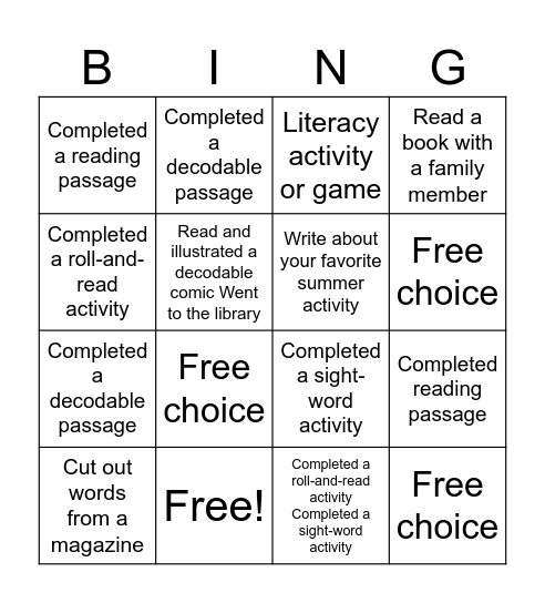 Summer Chart Bingo Card