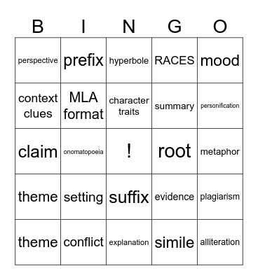 7th grade Figurative Language Bingo Card