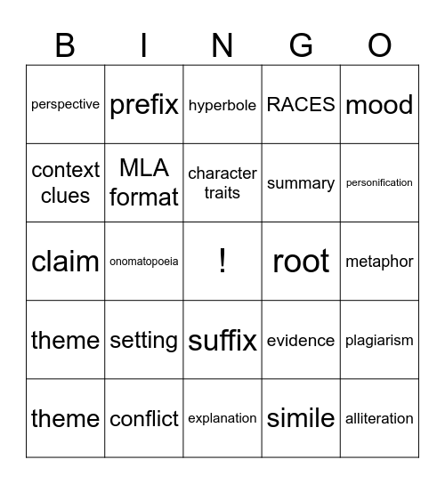 7th grade Figurative Language Bingo Card