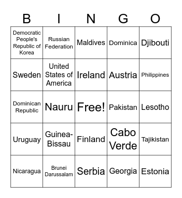World Countries Bingo Card