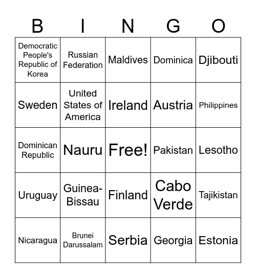 World Countries Bingo Card