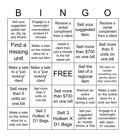 The One Apparel Individual BINGO Card