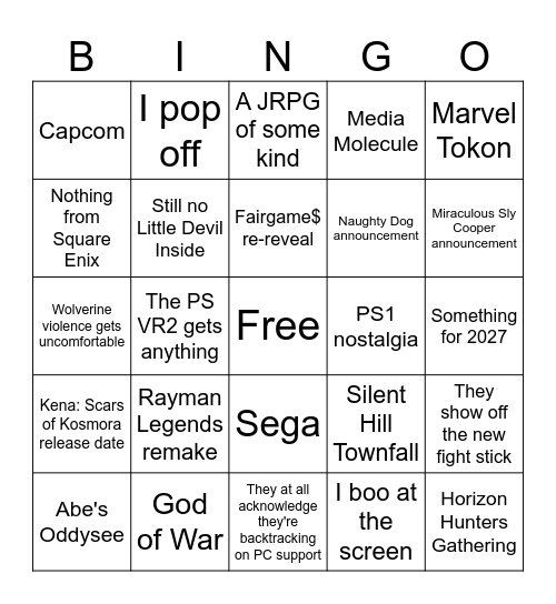 State of Play 2026 Bingo Card