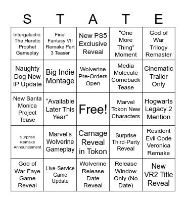 State of play 2026 Bingo Card