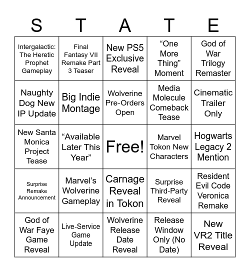 State of play 2026 Bingo Card