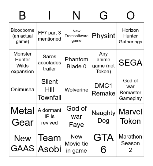 State of Play Bingo Card