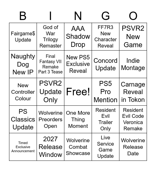 State of play 2026 v2 Bingo Card
