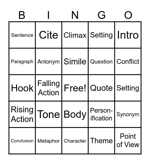 English Terms Bingo Card