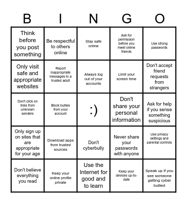 Internet Safety Bingo Card