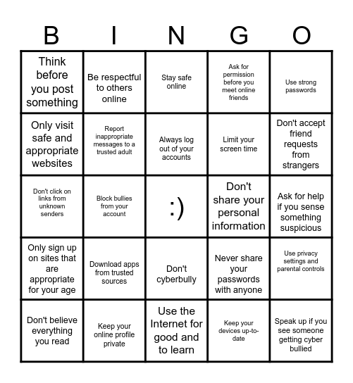 Internet Safety Bingo Card