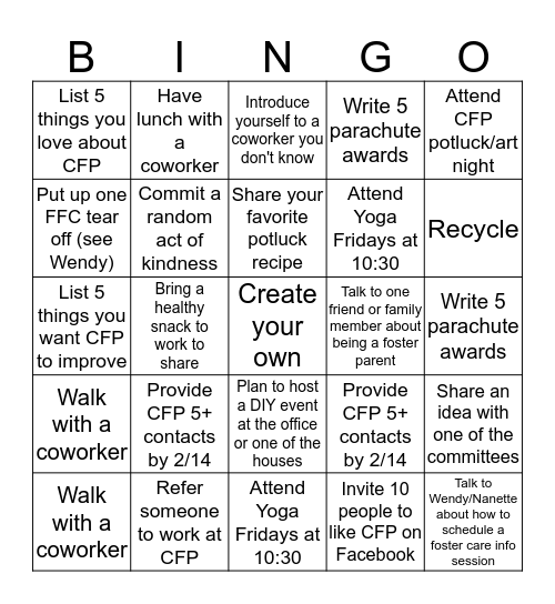 CFP Get Involved Winter/Spring Bingo Card