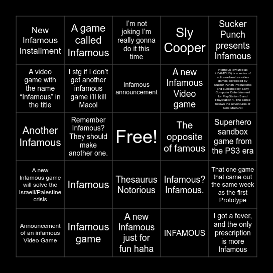 State of Play Bingo Card