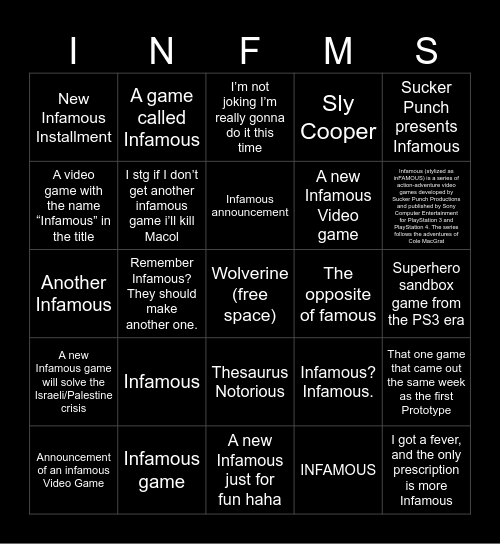 State of Play Bingo Card