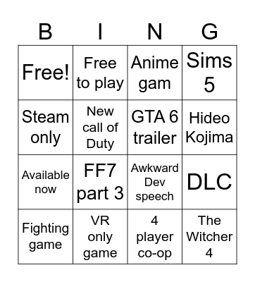 Summer games fest Bingo Card