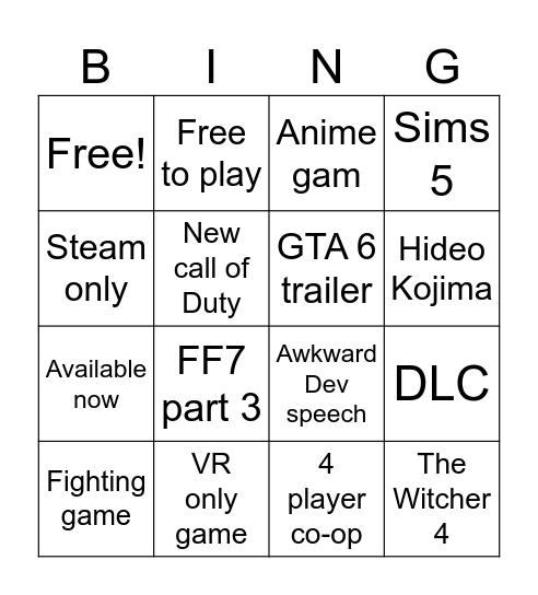 Summer games fest Bingo Card