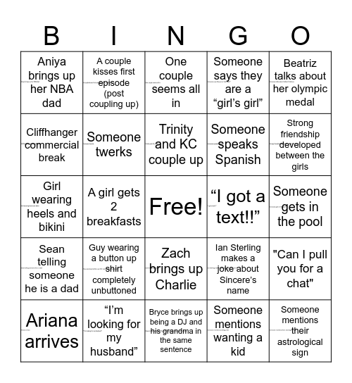 Love Island Season 8 Premiere Bingo Card