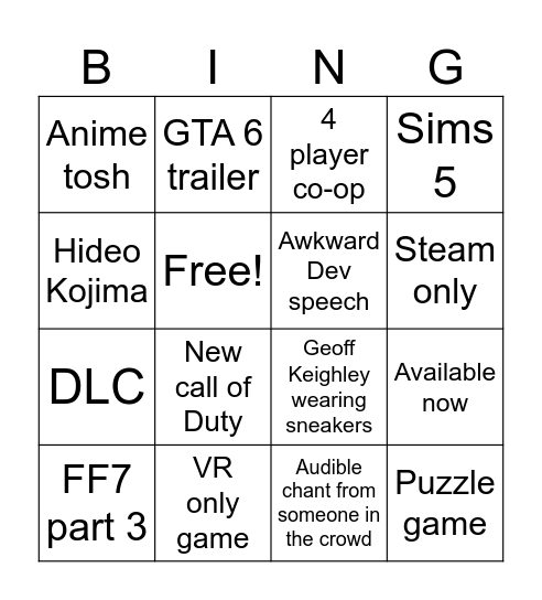 Summer Games Fest Bingo Card