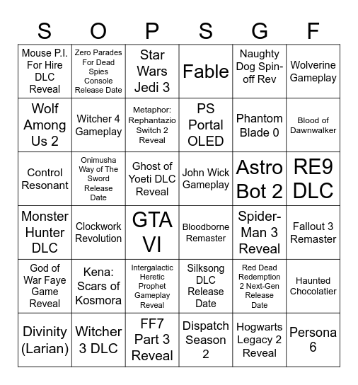 State of Play/Summer Games Fest 2026 Bingo Card